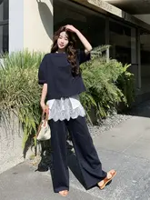 深青色刺繍レース切り替えTシャツ＆ワイドパンツ【春夏・デザイン・体型カバー】（セットアップ対応）