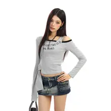 デザイン性抜群の斜め肩長袖Tシャツ【春用・女性用・短丈・極上の柔らかさ】（セットアップ対応）