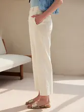 白色斜め織りデニムパンツ【高腰・ゆったり・ストレート・九分丈・通勤・カジュアル】