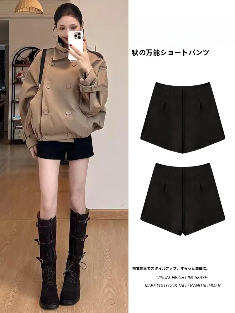 ブラックスーツショートパンツ【秋冬用・Aライン・裏地付き・ハイウエスト】 （セットアップ対応） 春コーデに最適なアイテム