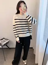 厚手ストライプデザインの100%純山羊毛セーター【ラウンドネック・ゆったりシルエット・女性用】