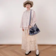 国風剪紙イラストのうさぎデザインウール格子模様サイドバッグ