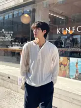白色ヘンリーネックボーダー編み長袖Tシャツ【シンプルデザイン・防晒対応・男性用】