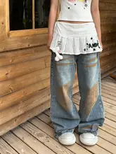 ヴィンテージ風 ワイドパンツ【アメリカンスタイル・ダメージ加工・イエロー・ルーズフィット】（セットアップ対応）