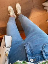 薄手の高腰ストレートデニムパンツ【レディース・夏用・浅い青色・小柄向け・八分丈】