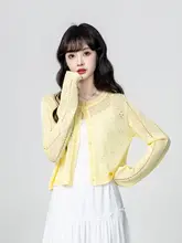 黄色のラウンドネックニットカーディガン【春夏用・薄手・レースデザイン・ショート丈】