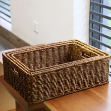 長方形のラタン風収納バスケット【化粧品・小物・お菓子用・リビング・整理整頓】