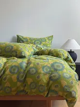 リネン風デザインのダブルレイヤー掛け布団カバー【全棉・緑色・ひまわりモチーフ】（セットアップ対応）