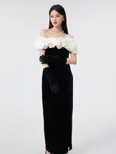 黒のスリットドレス【オフショルダー・ウエストマーク・ミディ丈】