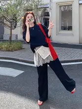 2点セット レディース Tシャツ ワイドパンツ ネイビー レース カジュアル 夏
