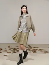 カーキ色ハイウエストひだスカート【女性用・秋新作・Aライン・ミニ丈】