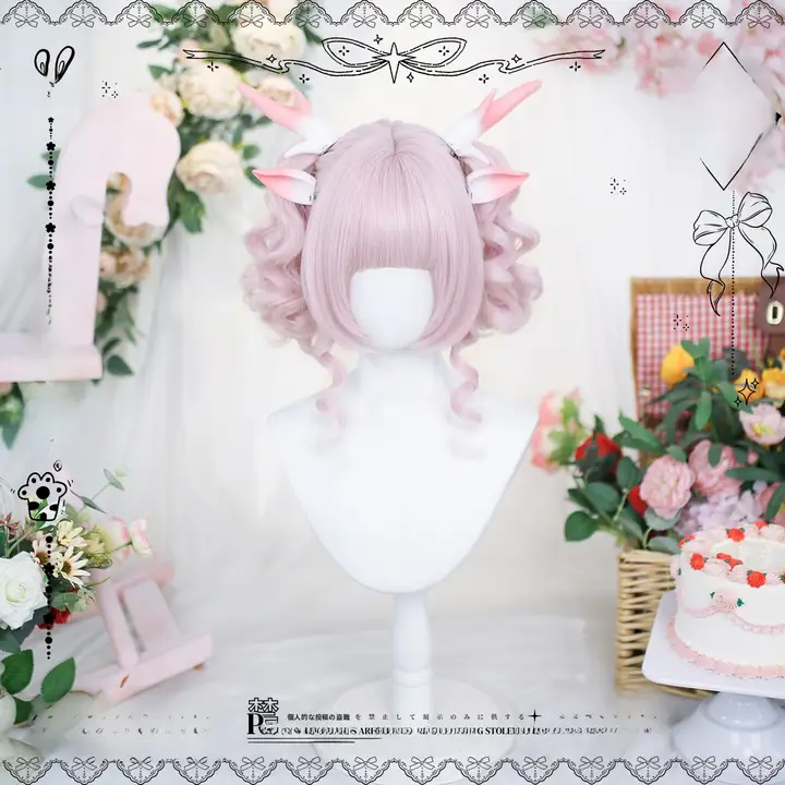 ロリータ風 桃色ローマンカールツインテールウィッグ【全頭用・日系スタイル・かわいらしいデザイン】
