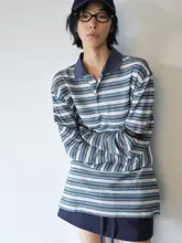 ポロカラーTシャツ レディース 長袖 トップス ストライプ柄 アメカジ ヴィンテージ ルーズ ミ ディアム丈 春 秋