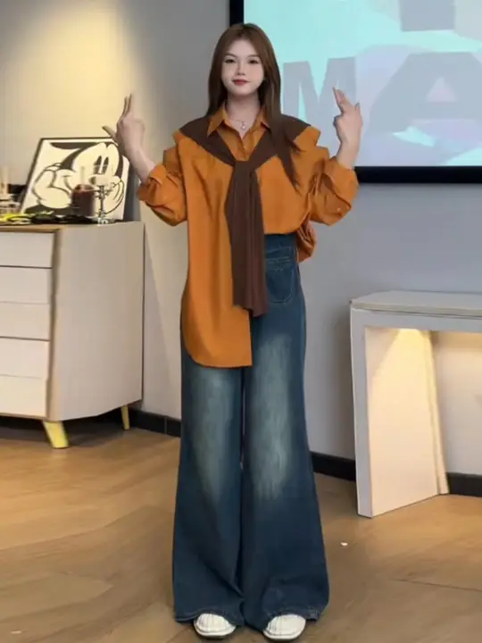 大きいサイズ キャジュアル ワイドレングスデニムパンツ【ハイウエスト・ポケット付き・梨型体型にフィット】