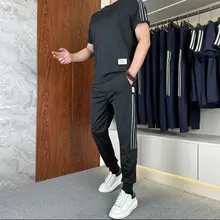 高弹性アイスシルクストライプカジュアルセット【メンズ・薄手・丸首・短袖・長ズ ボン】（セットアップ対応）