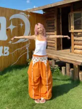 オレンジバナナパンツ【デザインポケット・ドット柄・ワイドシルエット】（セットアップ対応）