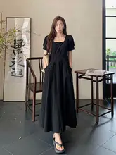 大きいサイズ 夏用 レディース フランス風 短袖ワンピース【ウエスト絞り・フレアシルエット・ブラック・スクエアネック】