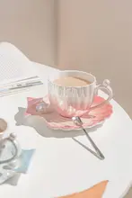 Tlife DROP 陶磁器製カフェカップ＆ソーサーセット【貝殻デザイン・パール仕上げ】