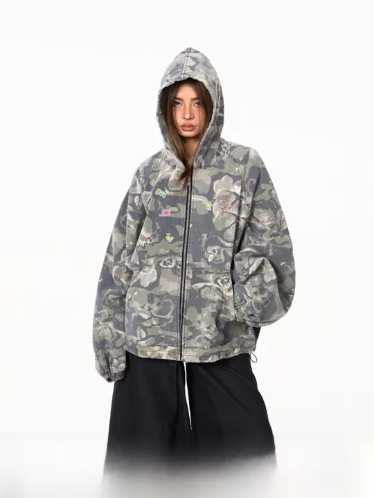 BLACKBB ジャケット【カモフラージュパッチワーク・グラフィティデザイン・レディース・ルーズフィット・フード付き】