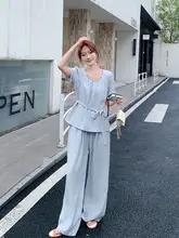 セットアップ 2点セット レディース フレンチ風 オープンワーク トップス ワイドパンツ ライトブルー カジュアル フェミニン きれいめ 上品 夏