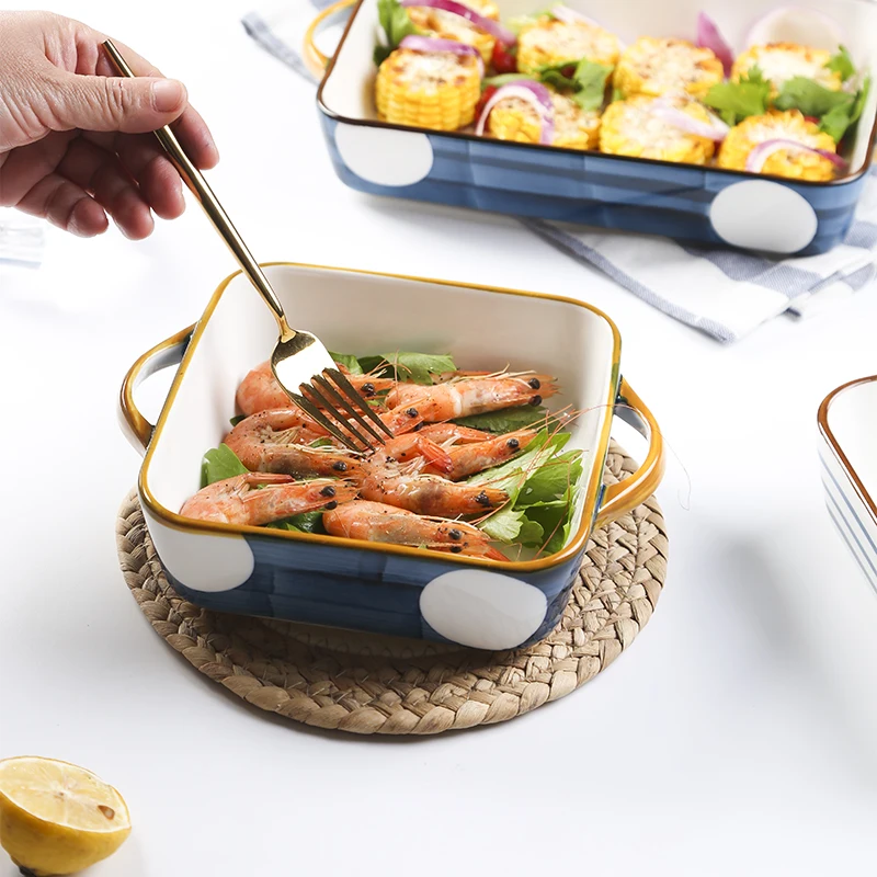 青瑶シリーズ陶製ダブルハンドル焼き皿：電子レンジ対応の家庭菜調理に最適な平盤の実用性