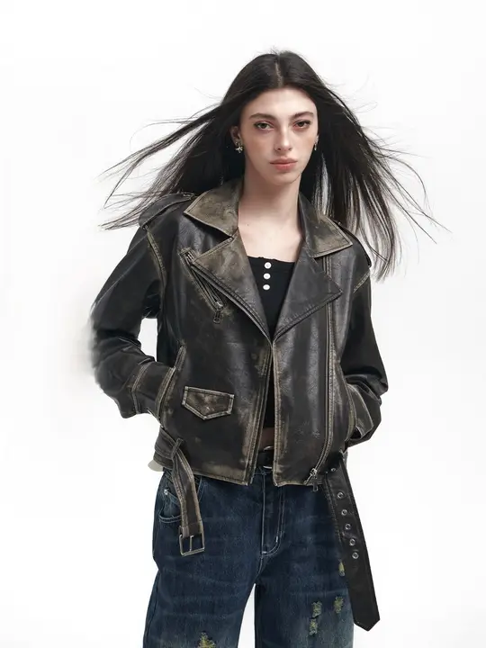Goosfir オリジナルデザイン ヴィンテージレザーライダージャケット【春用・ストリートスタイル・女性用】
