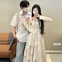 カップル用夏服【メンズ半袖シャツ・リゾートスタイル・レディースキャミソールドレス】（セットアップ対応）