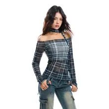 ヴィンテージチェックのオフショルダー長袖Tシャツ【秋用・透け感あり・スリムフィット】（セットアップ対応）