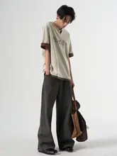 男士Vネック重ね着風Tシャツ【ラフなルーズフィット・短袖】（セットアップ対応）