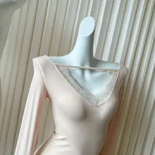 POPW レース切替長袖トップス【柔らかい生地・プレーン・カジュアル】