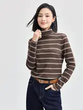 ストライプ柄ハイネック長袖Tシャツ【女性用・コットン・ベーシックデザイン】