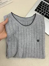 学院風の透かし編みニットTシャツ【夏用・ハート刺繍・コントラストカラー・ラウンドネック・インナー対応】