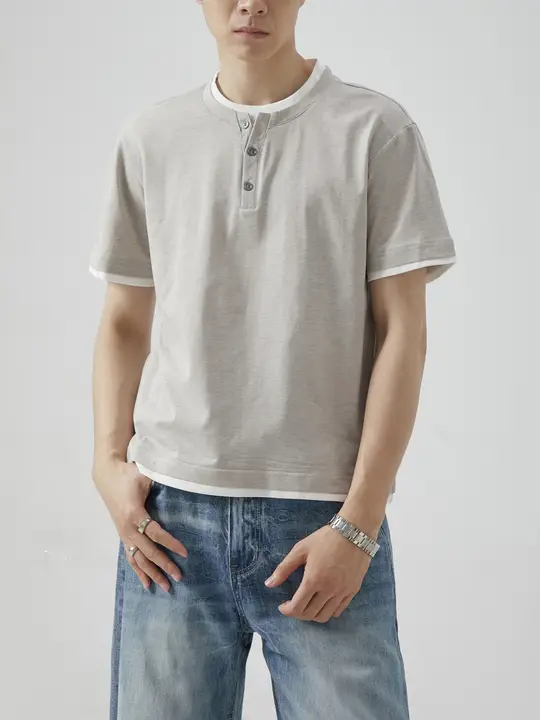 半袖Tシャツ メンズ フェイクレイヤード ヘンリーネック ヴィンテージ カジュアル 秋