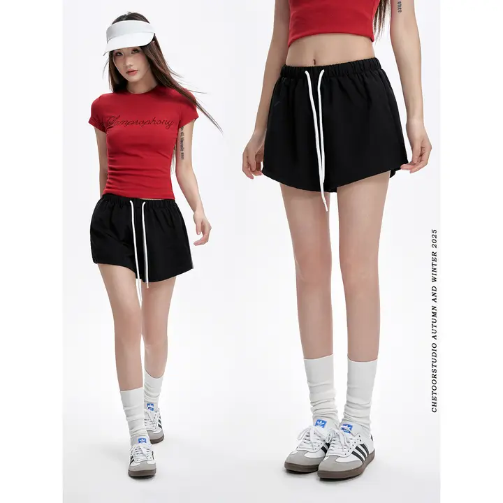 ブラックスポーツショートパンツ【夏用・軽量・ハイウエスト・フィット・通気性・速乾】