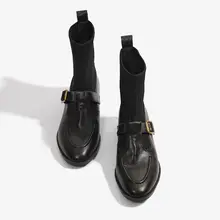 ブラックエラスティックフィット靴【冬用・ニットソックスブーツ・バックル付き・フレンチスタイル】