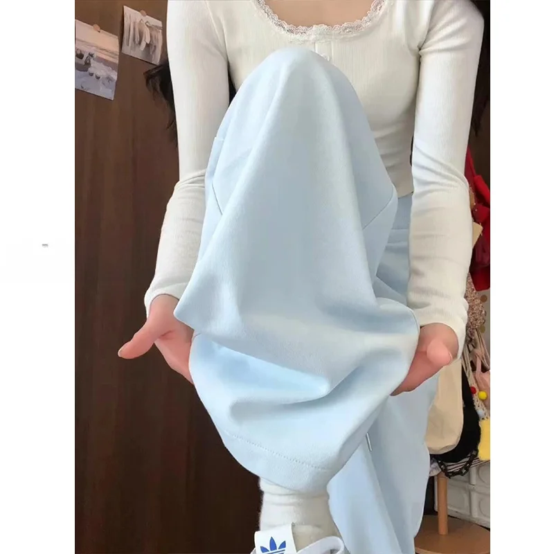 高身長向け春夏用ブルーウエストリボンパンツ：ハイウエスト・ストレートでゆったりコーデを実現