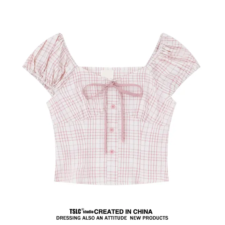 甘く魅力的なバブルスリーブのリボン付きチェック柄タンクトップ【レディース・フィット感アップ・短袖】
