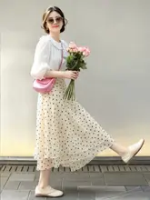 デザイン性が高いドット柄不規則フリルのハイウエスト スカート【Aライン・中長丈・大きいサイズ】（セットアップ対応）