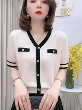 Vネック夏用薄手ニットTシャツ【アイスシルク・バイカラー・ゆったりサイズ】