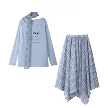 春夏にぴったり！ブルーチェックのスカートとトップスのコーディネート【学院風・二重構造】（セットアップ対応）