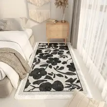 黒白の抽象デザインのロングラグ【リビング・寝室用・厚みあり】