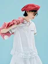 フリル付き白色ドールカラーシャツ【夏用・コットン・カジュアル・ゆったり・通勤対応】