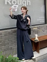2点セット レディース ネイビー フレンチ風 ヴィンテージ ワイドパンツ おしゃれ きれいめ 上品 秋