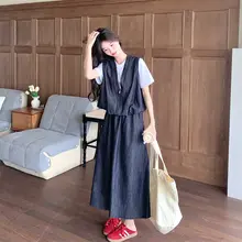 デニム半身スカートとトップスの二点セット【シンプルで上品な夏用】（セットアップ対応）