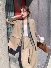 テーラードジャケット ワイドパンツ セットアップ レディース デニム パッチワーク フェイクレイヤード ルーズ カジュアル 韓流 秋