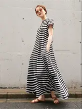 ストライプデザインのウエスト絞りショートスリーブワンピース【スタイル・大きな裾】（セットアップ対応）