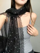 黒いドット柄リボン付きロングスカーフ【ファッション・軽量・首元アクセサリー】