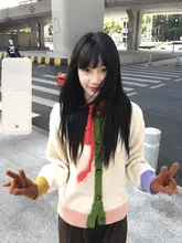 トレンディなカラーコンビネーションの長袖ニットカーディガン【感・柔らかな肌触り】