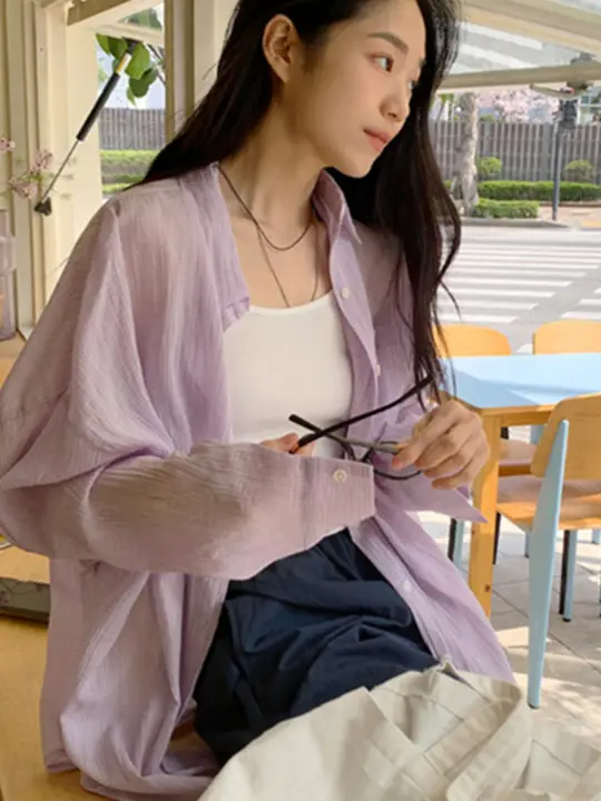 高級感のある紫色長袖シャツ【夏用・韓国風・デザイン性のある個性的なトップス】