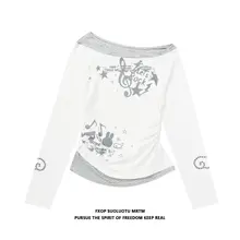 ドット柄斜め肩長袖Tシャツ【フィット感あり・ウエストシェイプ・ショートデザイン】（セットアップ対応）